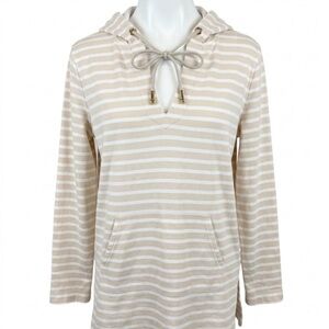 Tory Burch Beige and White Striped Pullover Hoodie Sweater - Size Medium